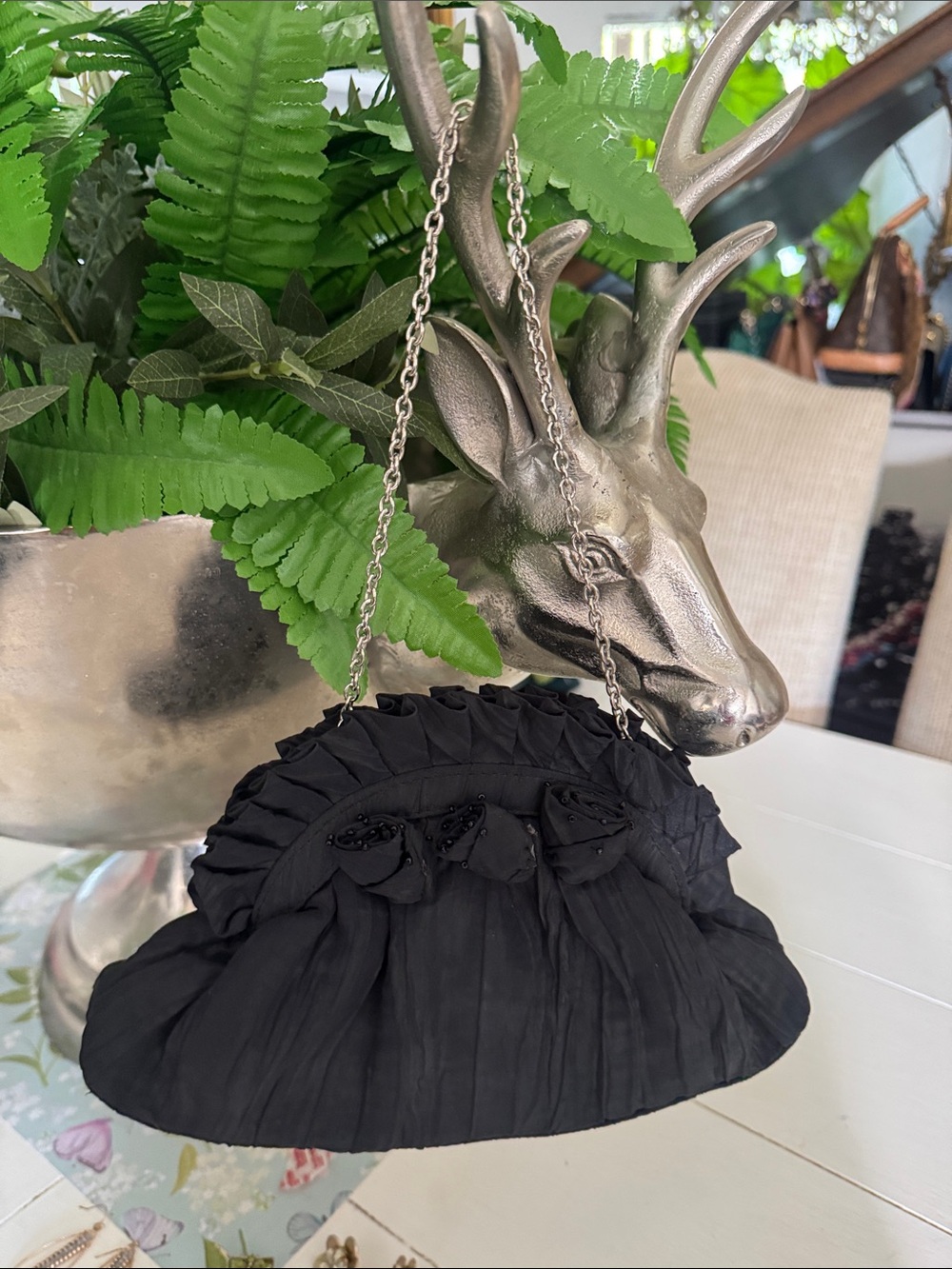 Elegant Black Ruffled Evening Bag with Chain Strap